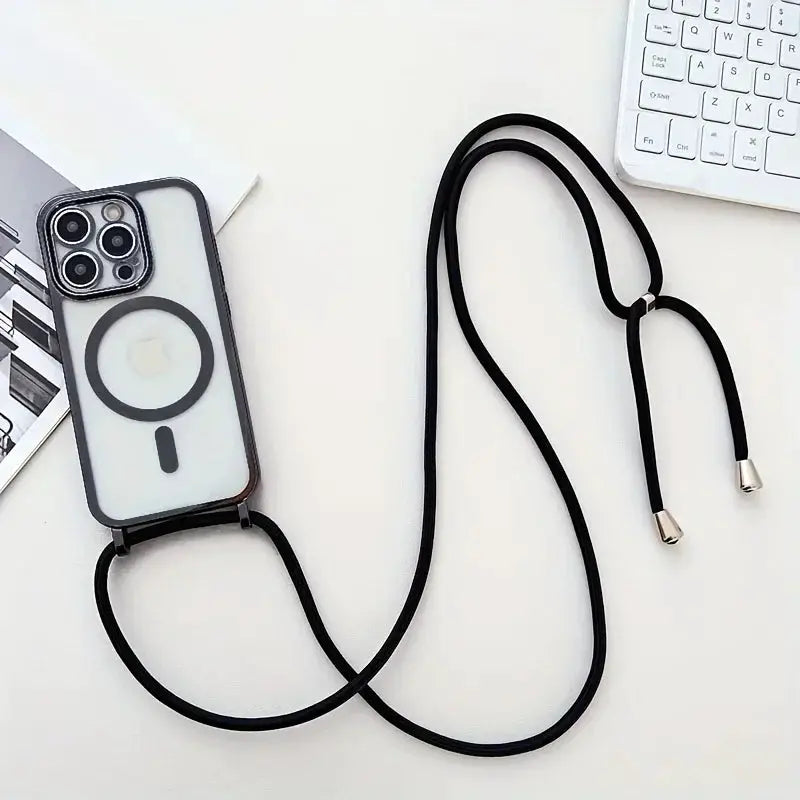 Simples Market crossbody lanyard phone case with MagSafe for iPhone, clear back and black cord