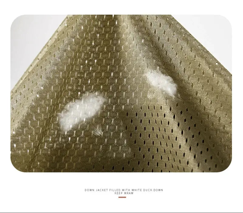 Men's windproof sleeveless vest close-up in bronze-brown perforated mesh with white down fill for outdoor wear