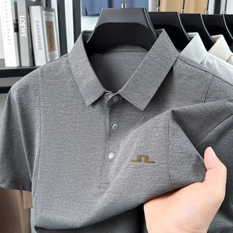 Gray men's short-sleeve polo shirt with button placket and small chest logo