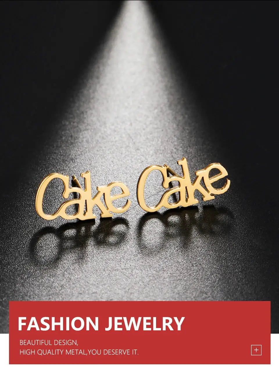 Gold-tone custom name stud earrings spelling Cake Cake