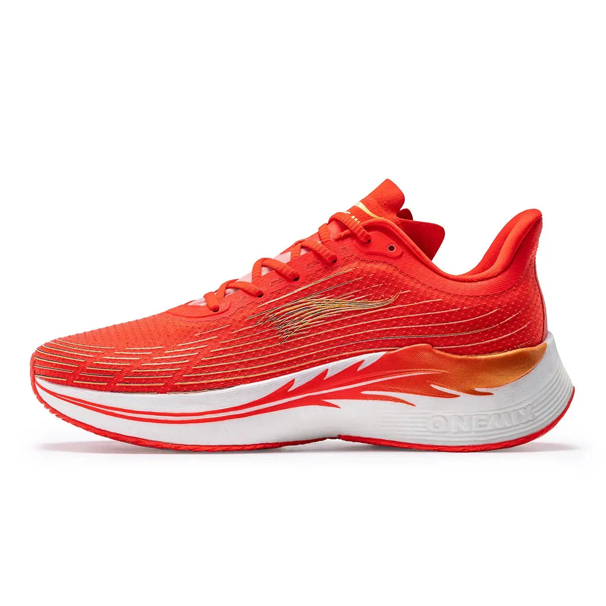 Onemix red lace-up running shoes for women with white sole and orange accents