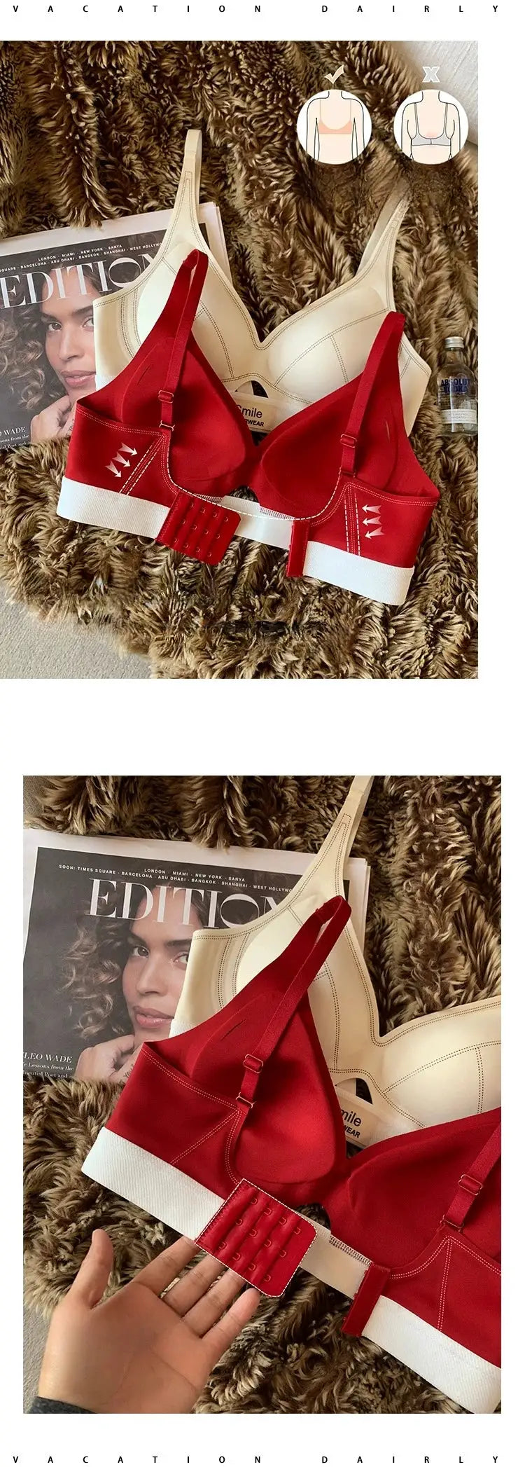 Two SP&CITY bras in red and beige with a white underband, laid on a furry rug beside a magazine.