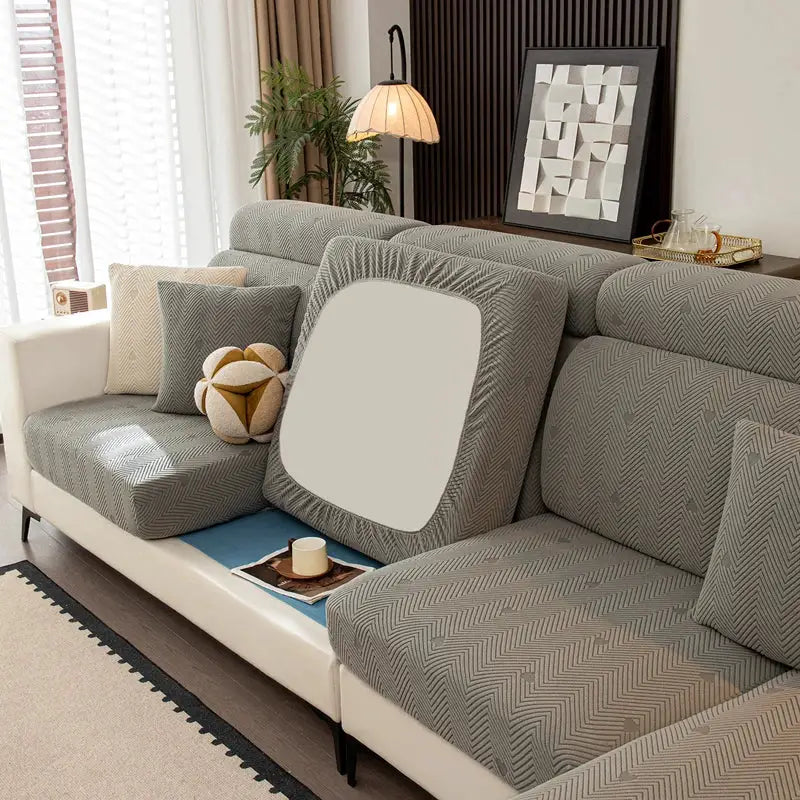 Thick plush grey herringbone sofa cover by Simples Market with elastic cushion covers, removable pet-proof protector