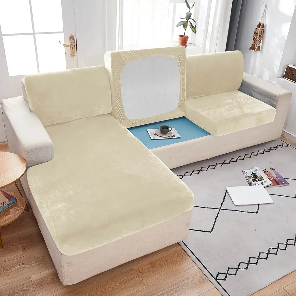 Sofa slipcover beige plush with elastic anti-slip fit for sectional living room couch