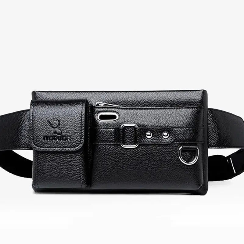 Daily Wear PU leather crossbody fanny bag in black with front pouch pocket and adjustable strap