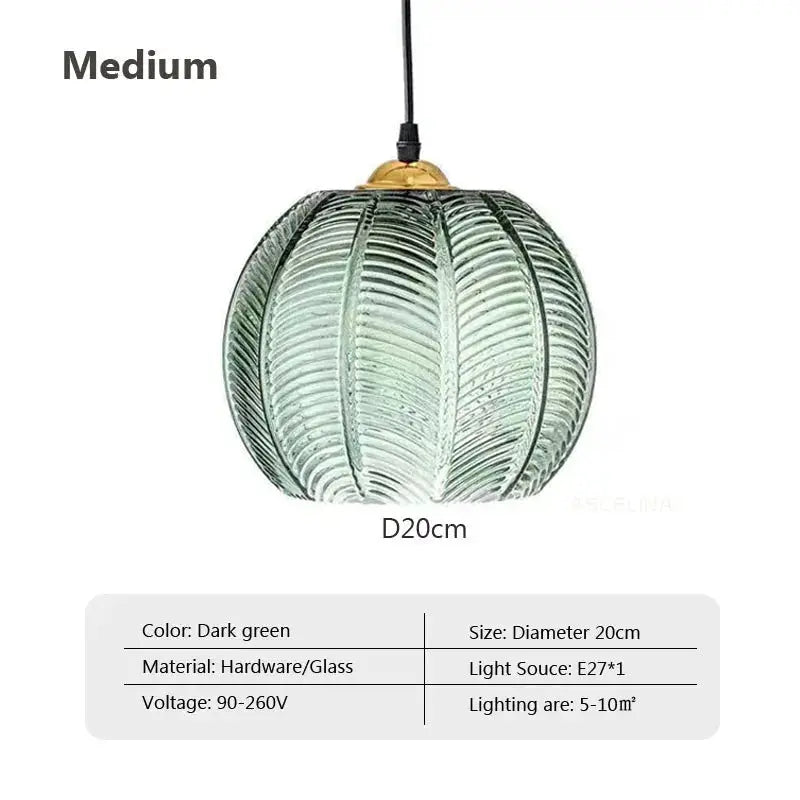 Nordic glass pendant light, dark green leaf-pattern globe, 20cm diameter