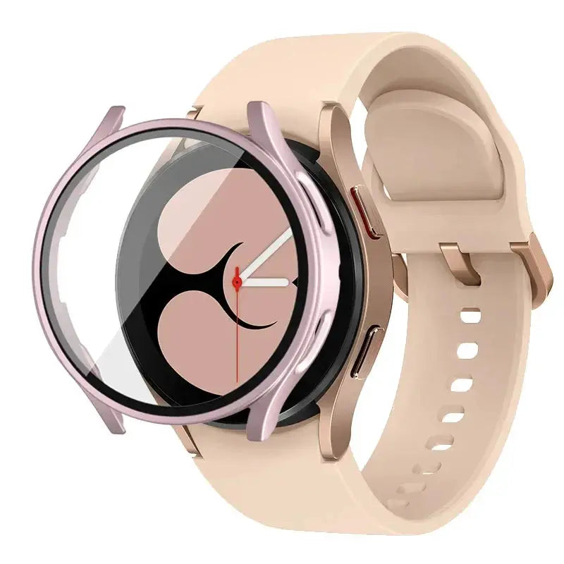 Galaxy Watch protective case with tempered glass screen protector; rose-gold PC bumper and beige band 40/44mm