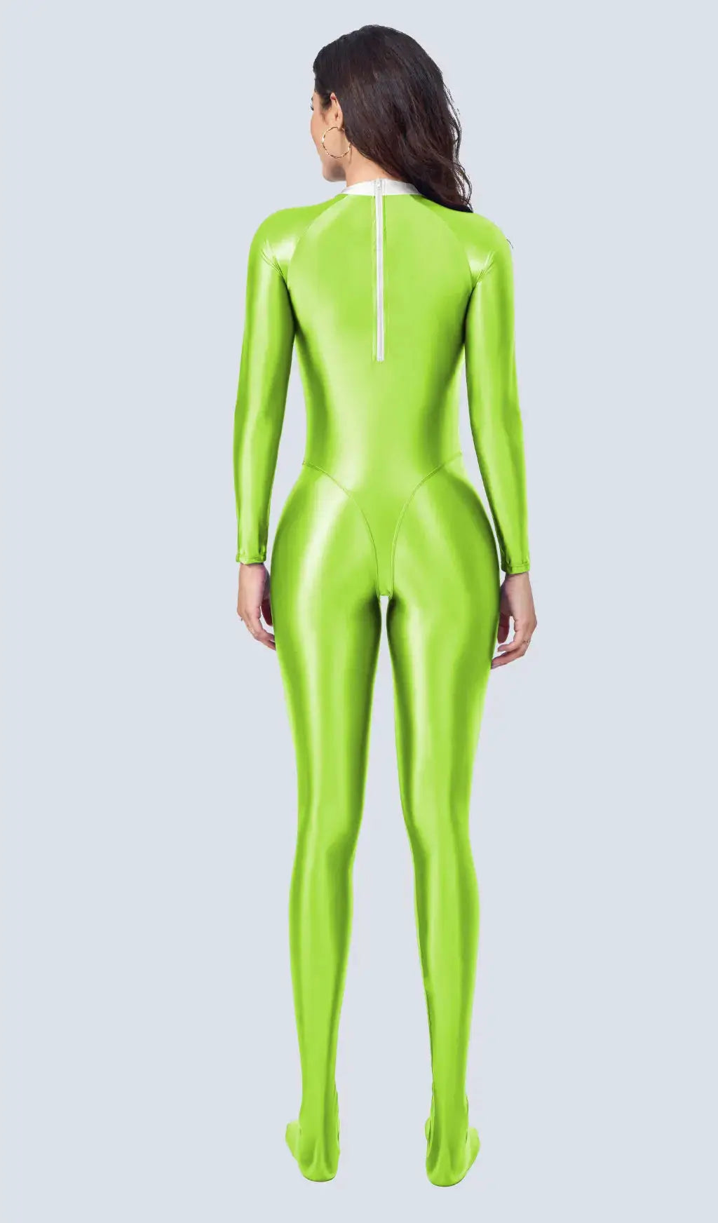 AMORESY women's wetlook lime green catsuit with back zipper; shiny full-body Zentai jumpsuit by Simples Market