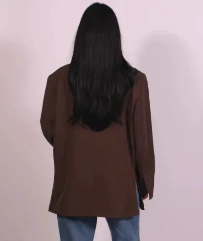 Brown women's loose blazer jacket, back view, solid casual coat with long sleeves.