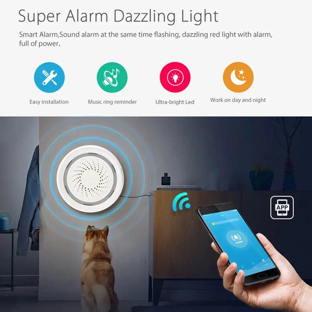 Smart Tuya Wifi Siren Alarm with temp/humidity sensor; white circular siren with blue LED glow, app controlled.