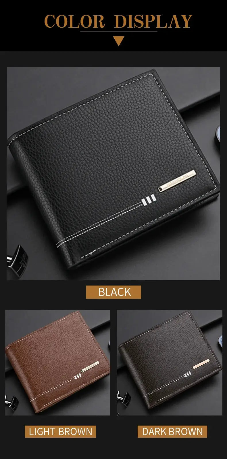 Simples Market men's lychee-textured leather bifold wallet in black with white stitching and gold brand plate; also shown in brown and dark brown.