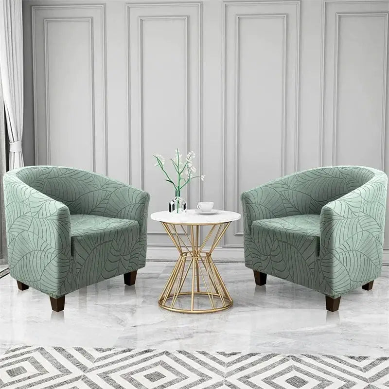 Simples Market elastic club chair cover in sage green leaves jacquard; set for two armchairs.