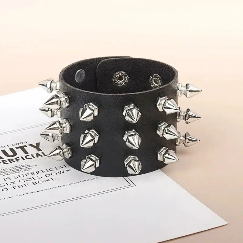 Unisex Black Leather Punk Bracelet With Metal Spike Studs Adjustable Goth Wristband Cuff Bangle