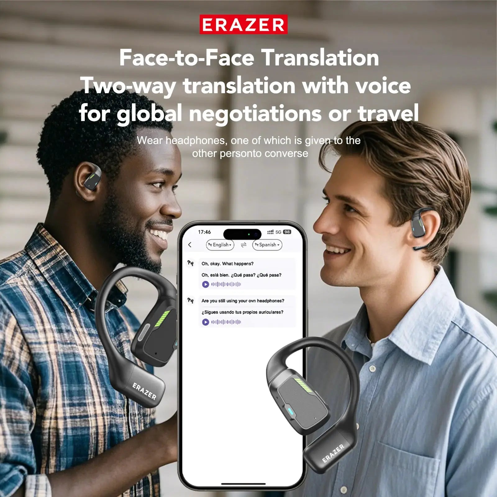 Erazer XP6 wireless earbuds by Simples Market; black earhooks worn by two men with a translation app on a smartphone