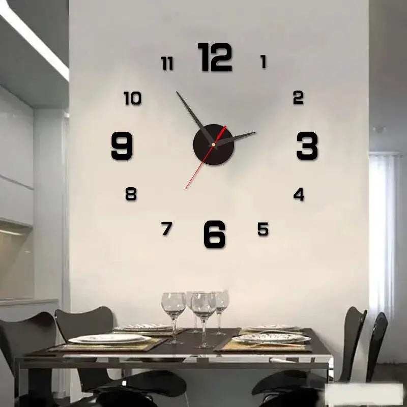 3D frameless DIY wall clock sticker by Simples Market with bold black numerals on white wall