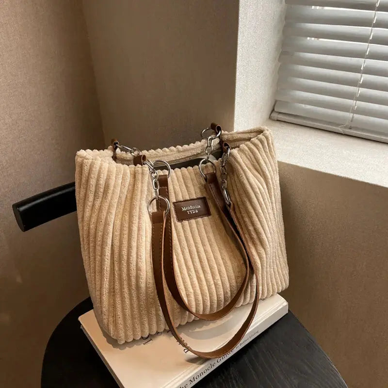 Women corduroy shoulder bag, beige with brown leather straps, large capacity casual handbag