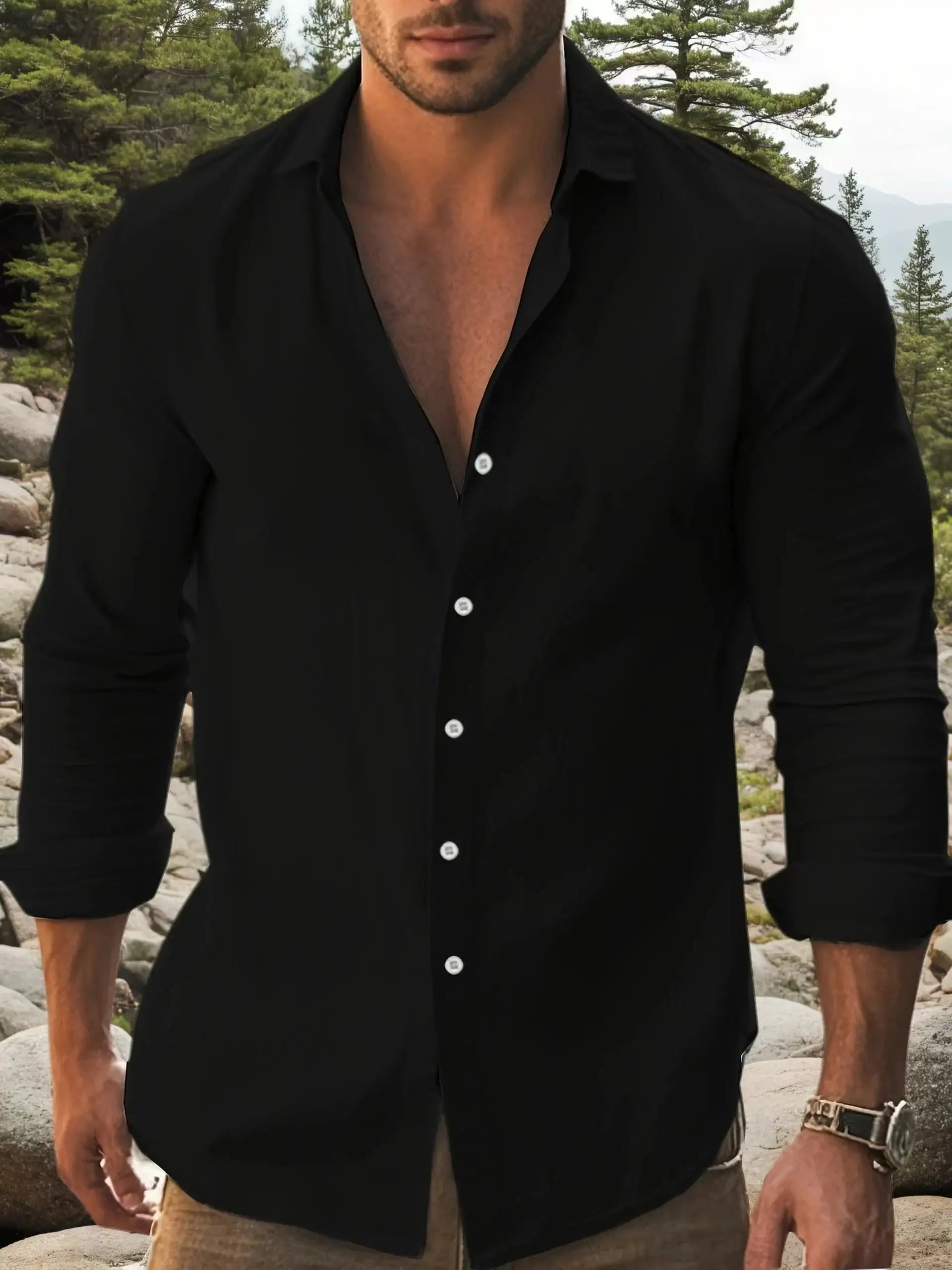 Men's black cotton long-sleeve shirt with classic collar, white contrast buttons, rollable cuffs, Simples Market