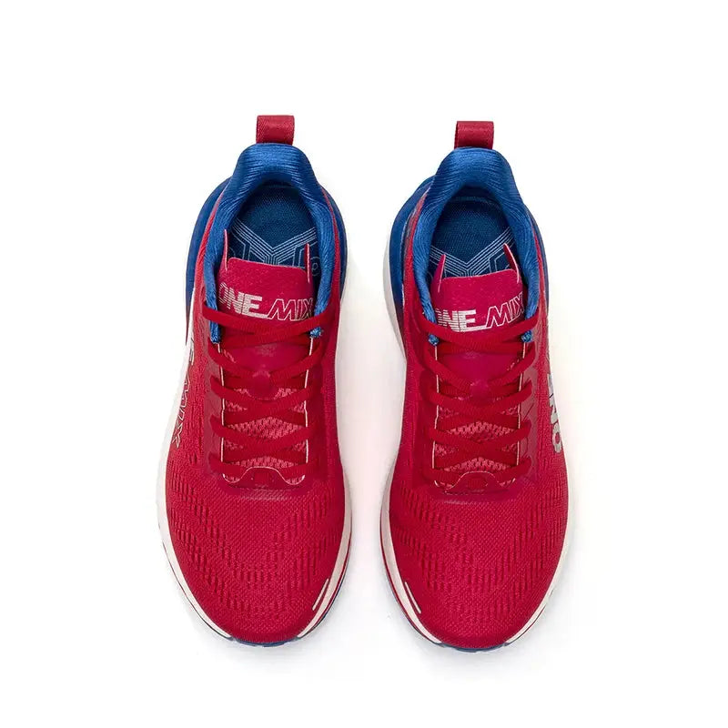 ONEMIX men's running shoes, red breathable mesh upper with blue lining, pair shown