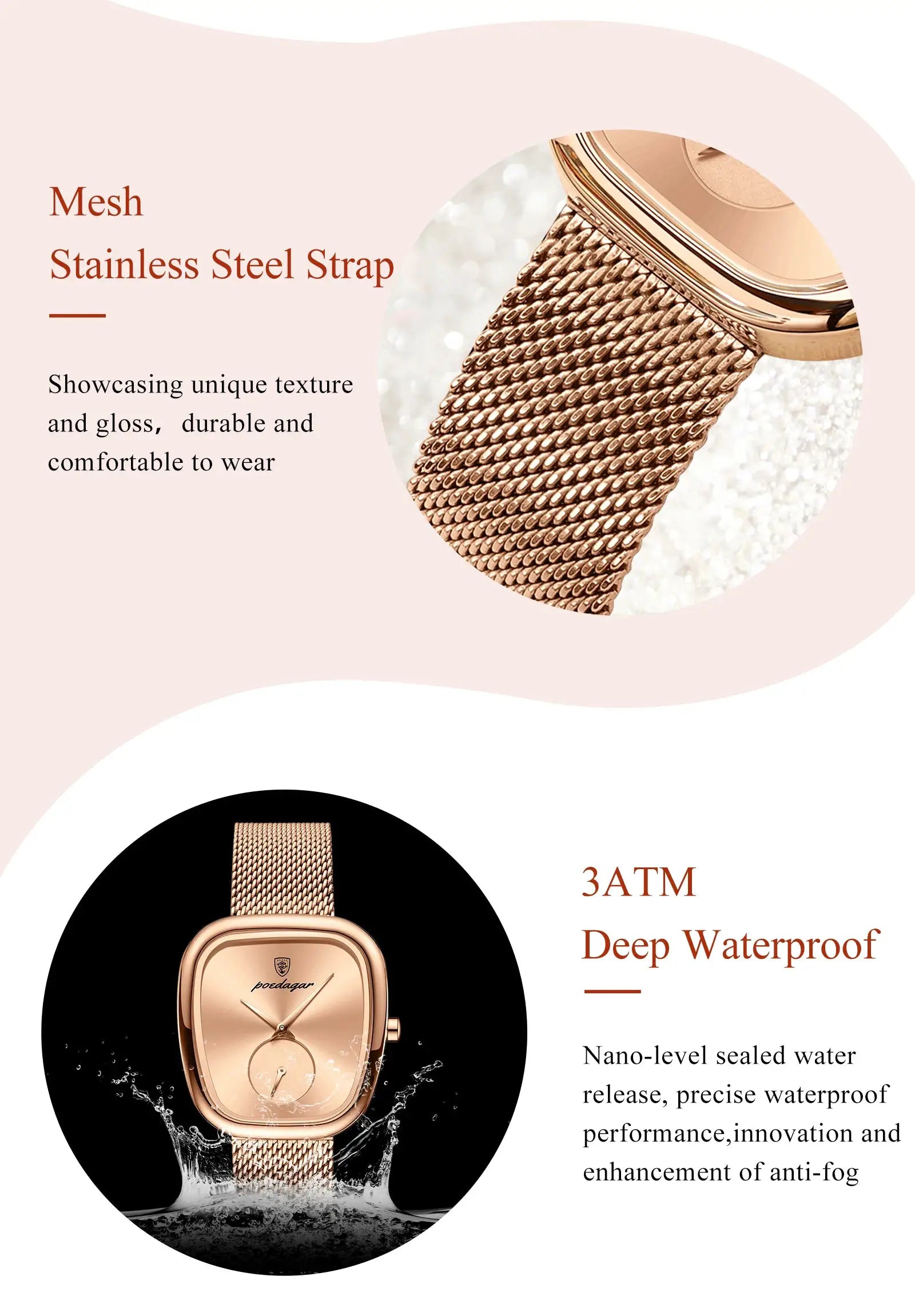 Women's POEDAGAR watch with rose-gold mesh stainless steel strap, waterproof quartz movement