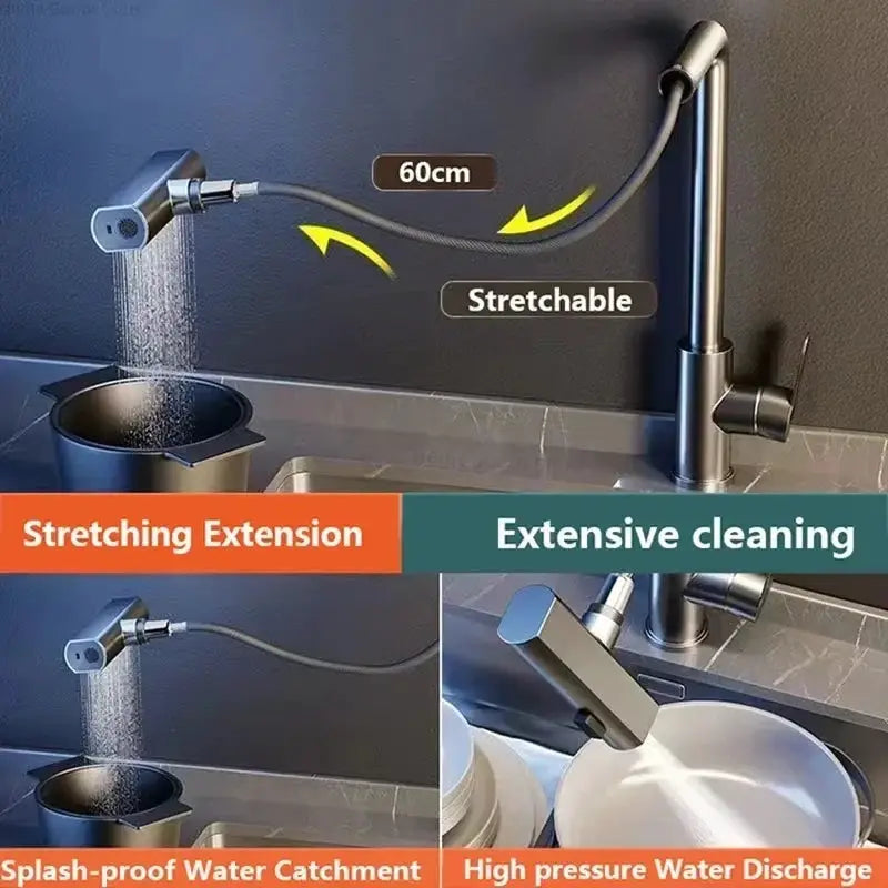 Grey/silver pull-out kitchen faucet with flexible hose, 60 cm reach, deck-mounted, hot/cold water, stream and shower modes, Simples Market