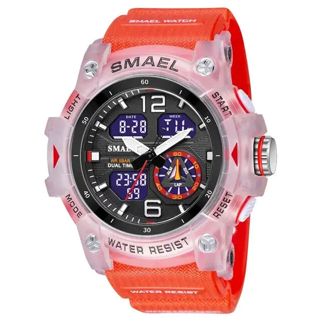SMAEL sport military wristwatch for men with orange strap and pink case, dual digital displays, water resistant.