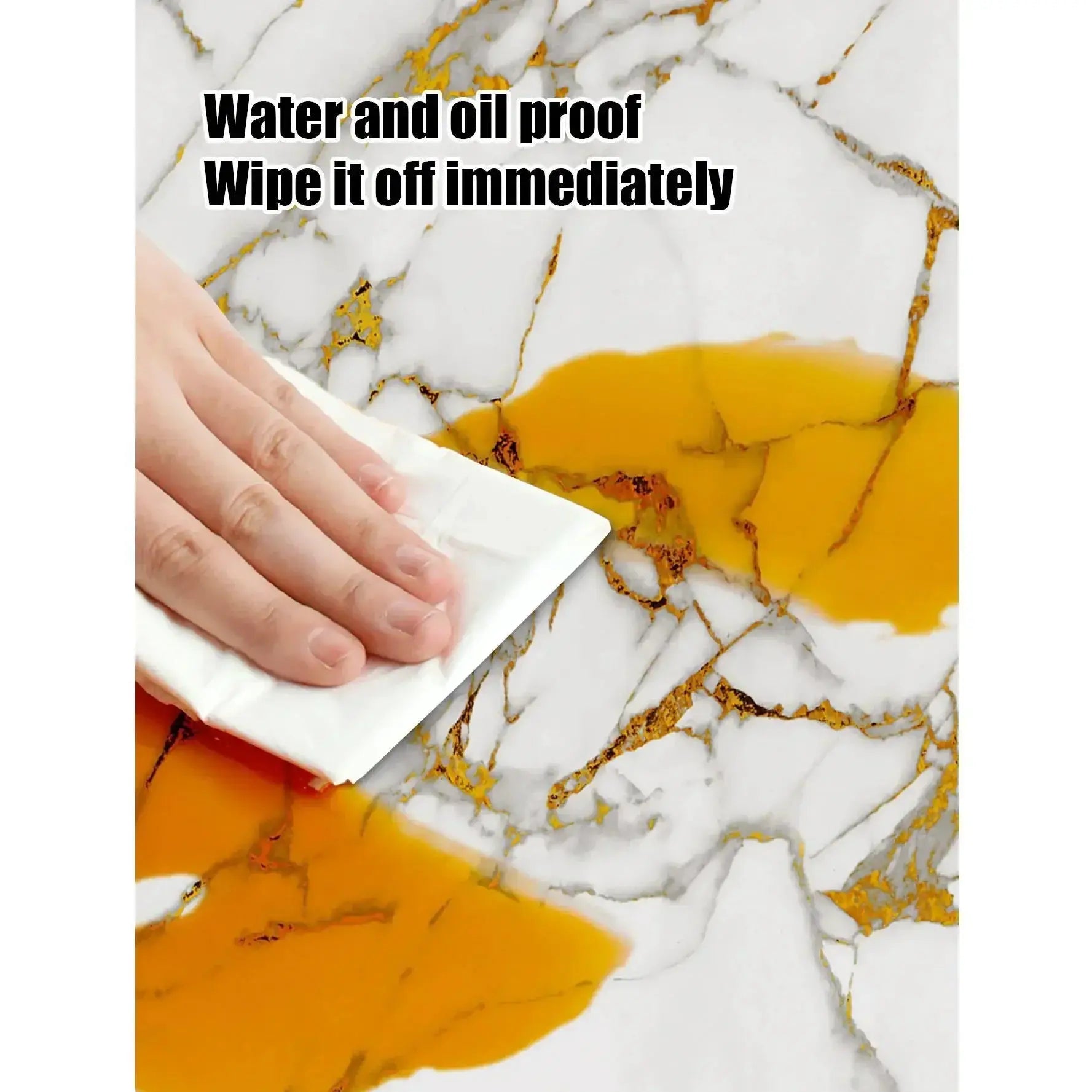 Marble-look self-adhesive wall tile sticker in white with gold veining, being peeled from backing