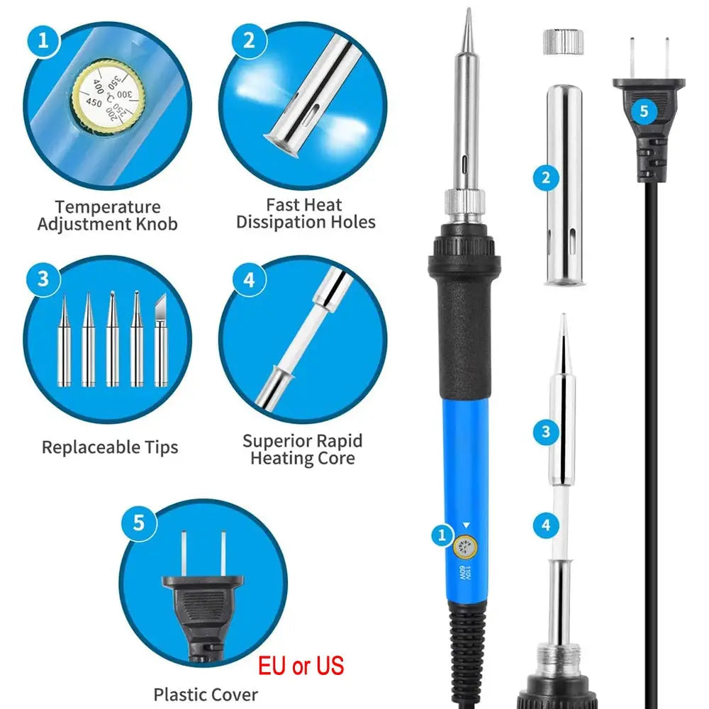 60W Adjustable Temperature Electric Soldering Iron Kit With Replaceable Tips Multi Configuration 10 In 1 16 In 1 20 In 1