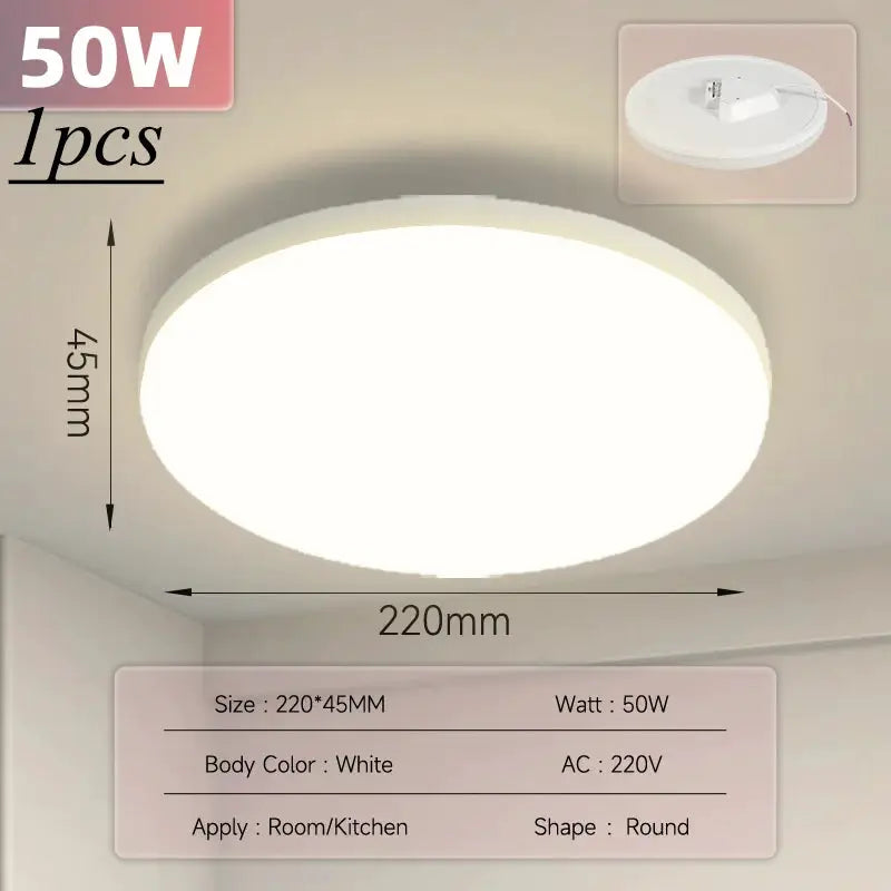 Simples Market round LED ceiling light, white body, 50W, 220mm diameter for living/kitchen