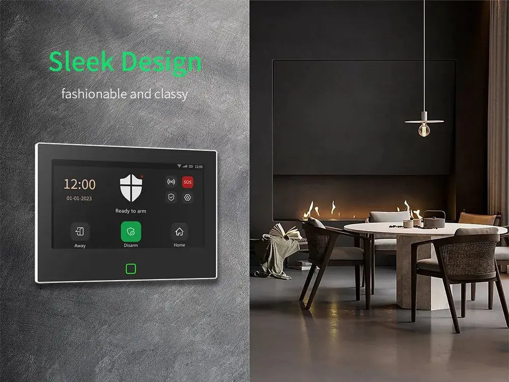 Staniot 7-inch wireless home alarm touchscreen panel by Simples Market, white-framed with built-in 115dB siren