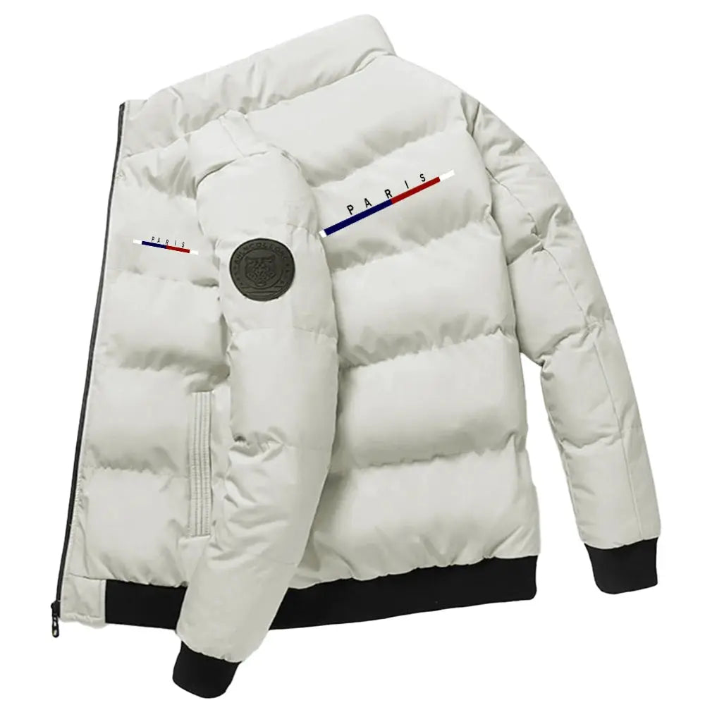 Men's white puffer jacket with black cuffs and hem, Paris striped patch on chest and round badge on sleeve, waterproof