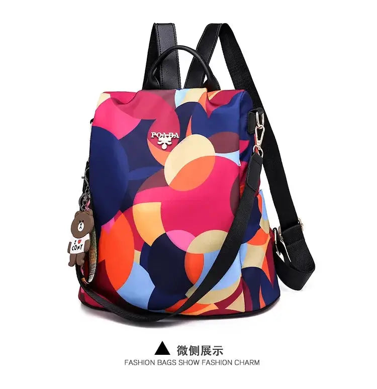 Women's backpack with bold multicolor abstract print; Oxford cloth, waterproof, large capacity, Simples Market