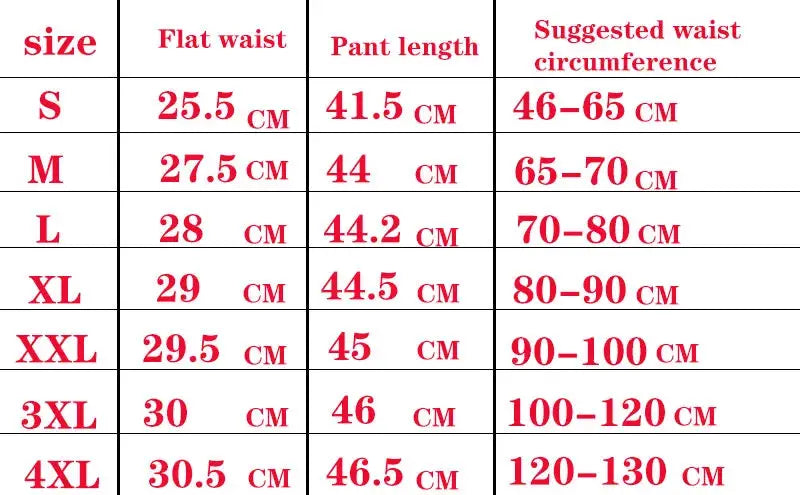 Simples Market high waist shaping boyshorts size chart with 7 sizes (S–4XL) showing flat waist and pant length in cm
