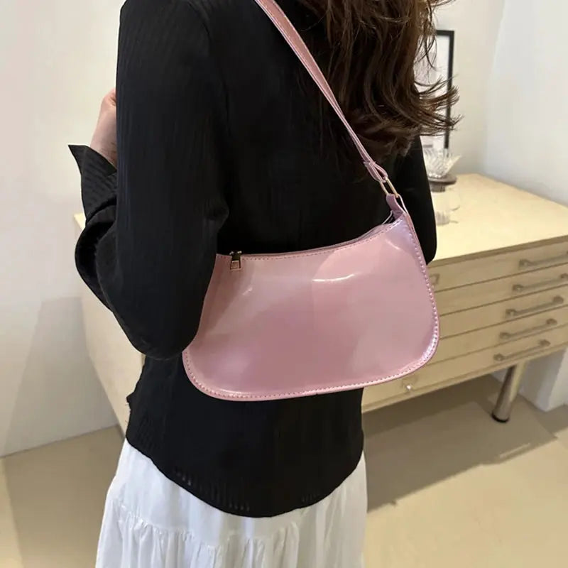 Pink PU leather shoulder bag by Simples Market; women's retro crossbody handbag