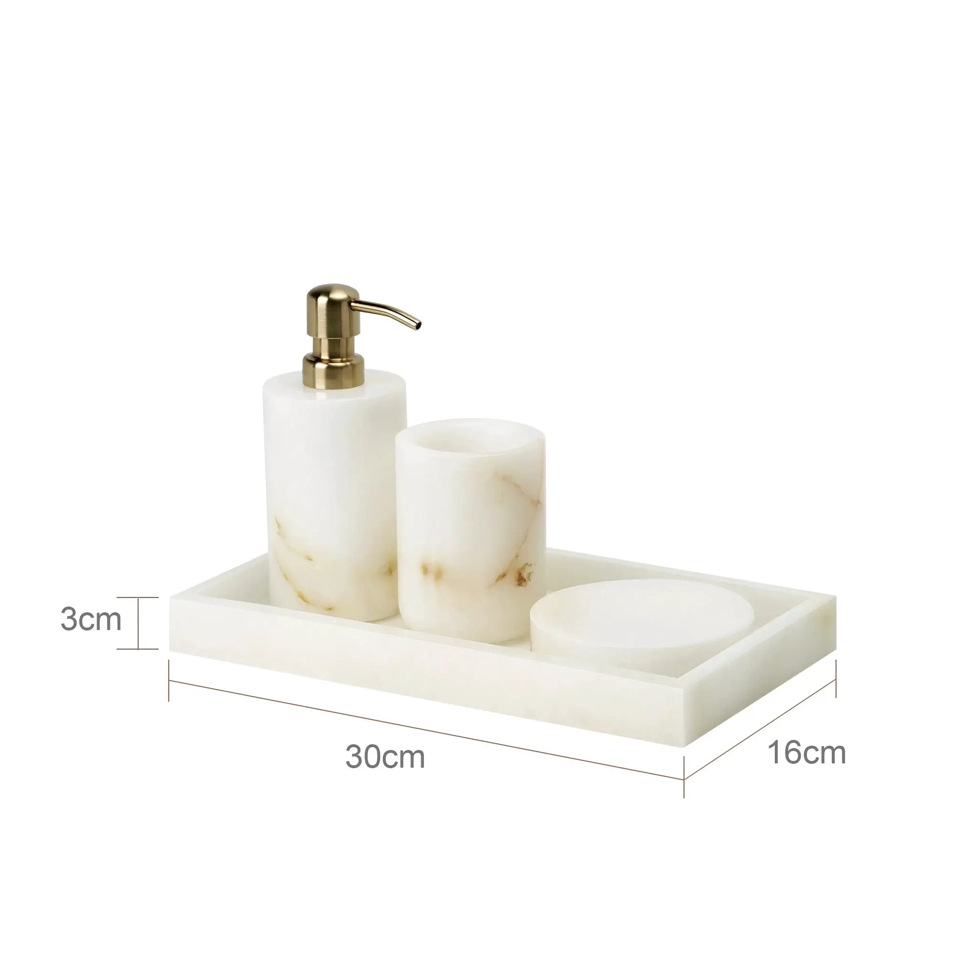 Simples Market white onyx marble bathroom set with brass pump dispenser and three marble canisters on a vanity tray