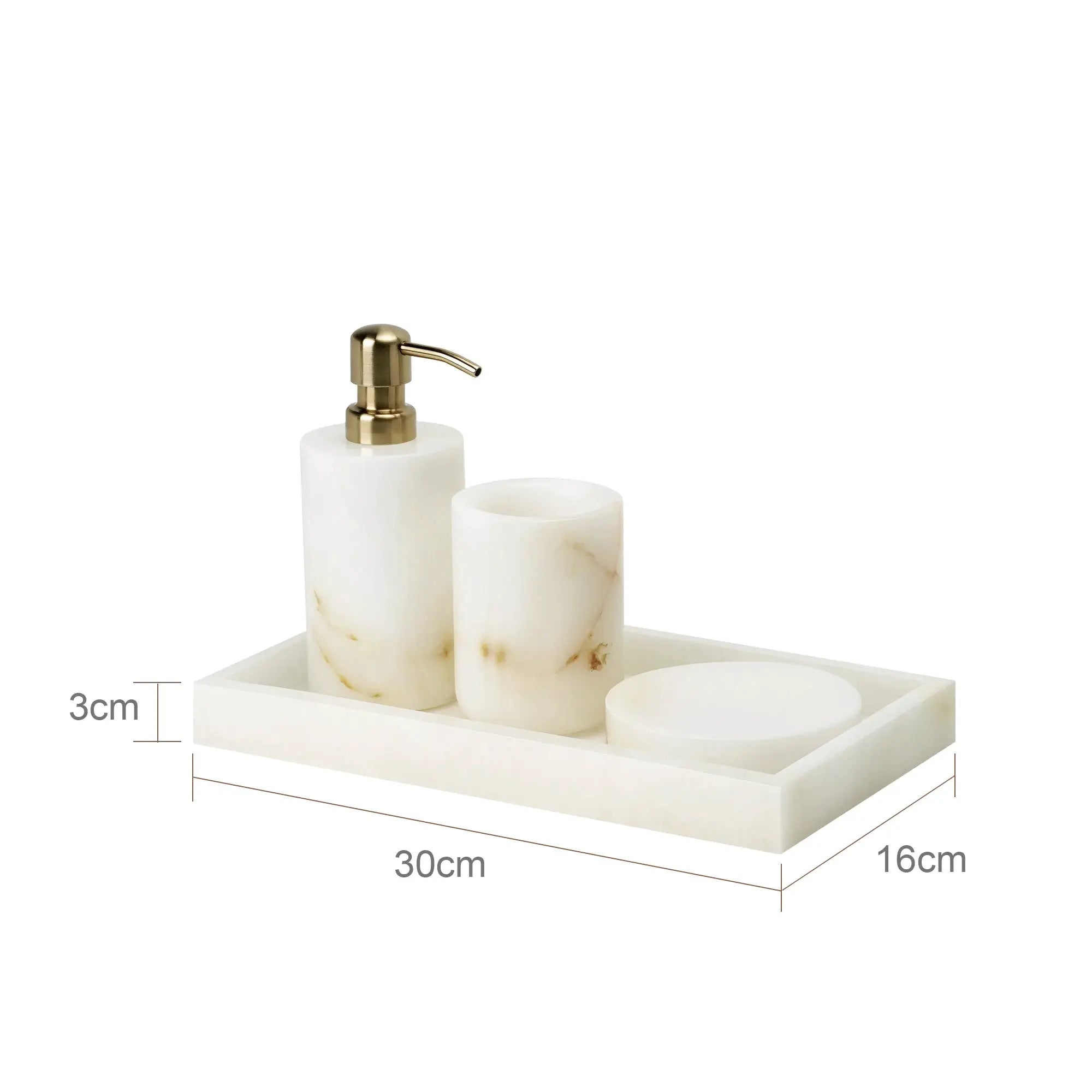 Simples Market white onyx marble bathroom set with brass pump dispenser and three marble canisters on a vanity tray