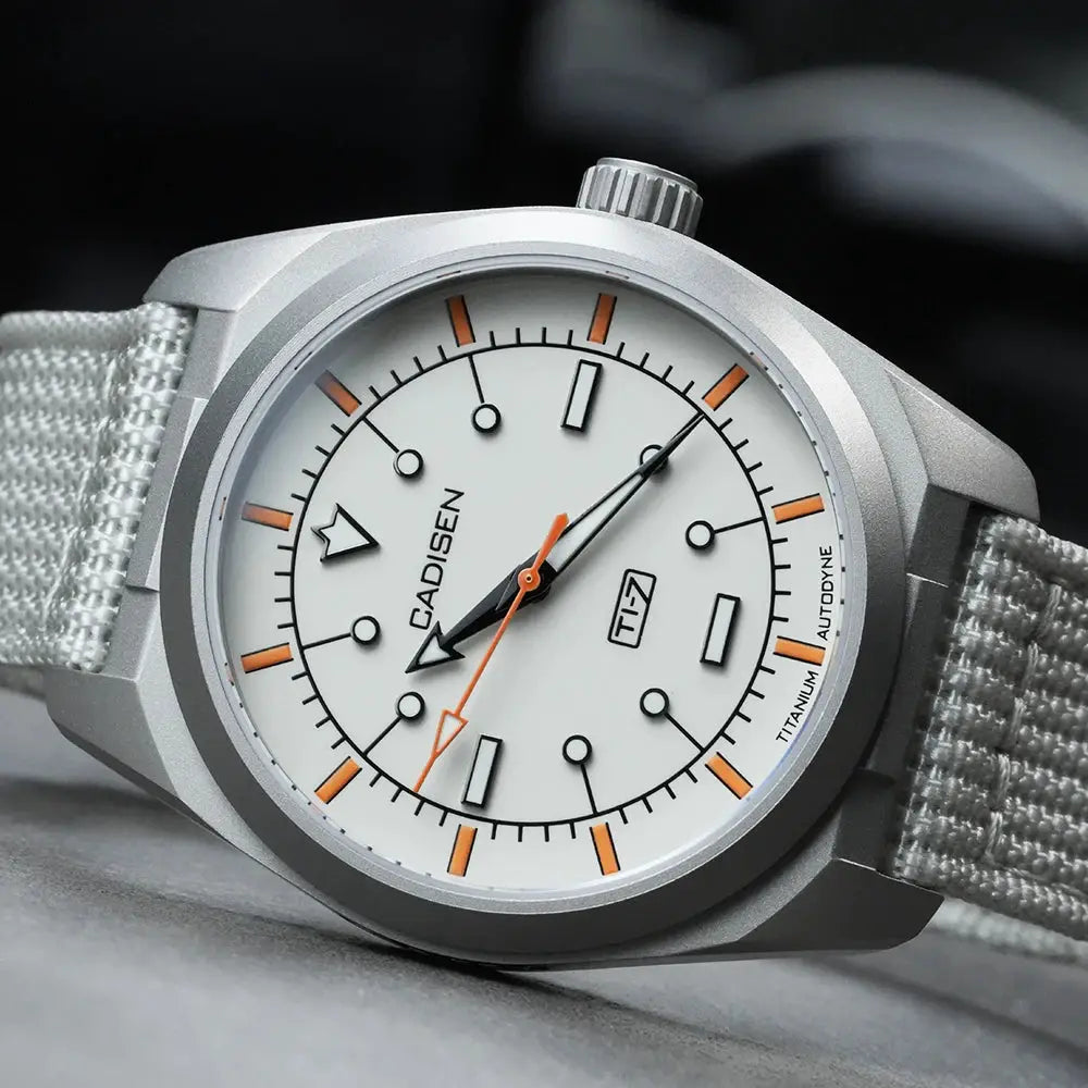 CADISEN TI-7 Autodyne titanium steel automatic wristwatch with white dial, orange hour markers, canvas strap