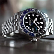 PAGANI DESIGN 40mm GMT automatic stainless steel men's watch with black dial and blue/black bezel