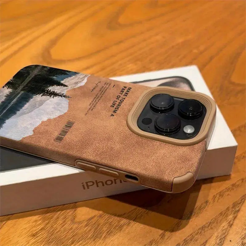 iPhone case with tan faux leather and mountain lake scenery print by Simples Market