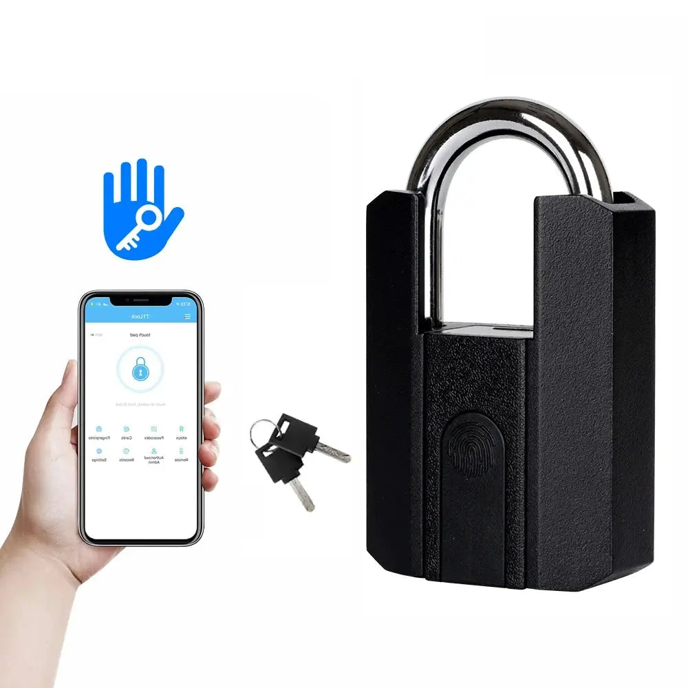 Black smart padlock with fingerprint biometrics, TTLock app control, IP67 waterproof, with two keys Simples Market