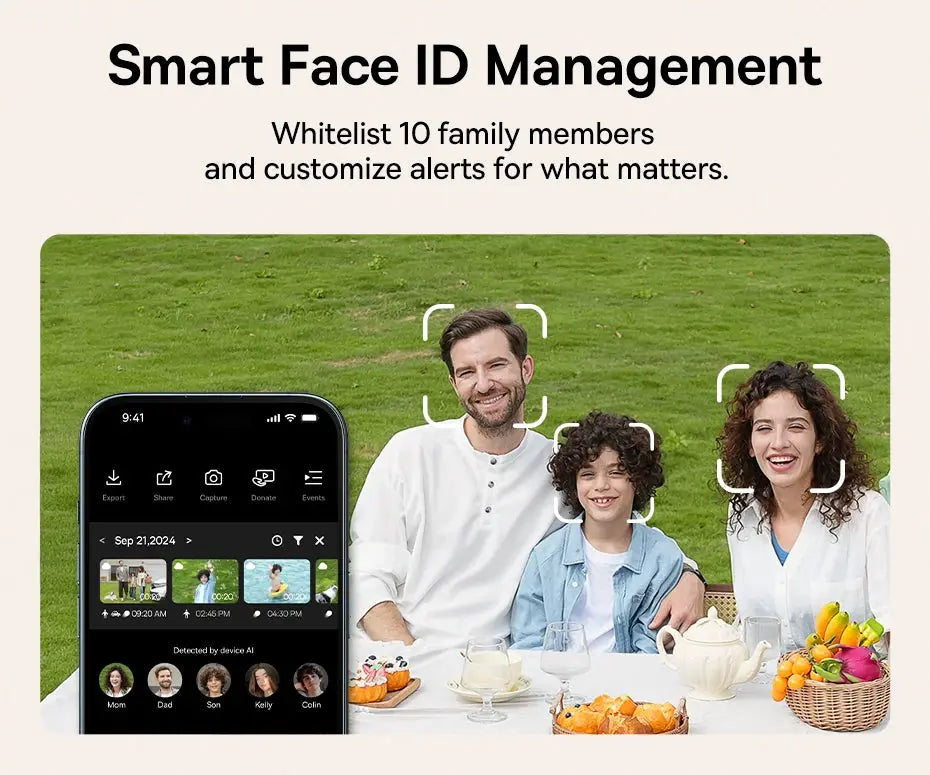 Baseus Security S2 Outdoor Camera with Smart Face ID; wireless app control shown beside a smiling family outdoors