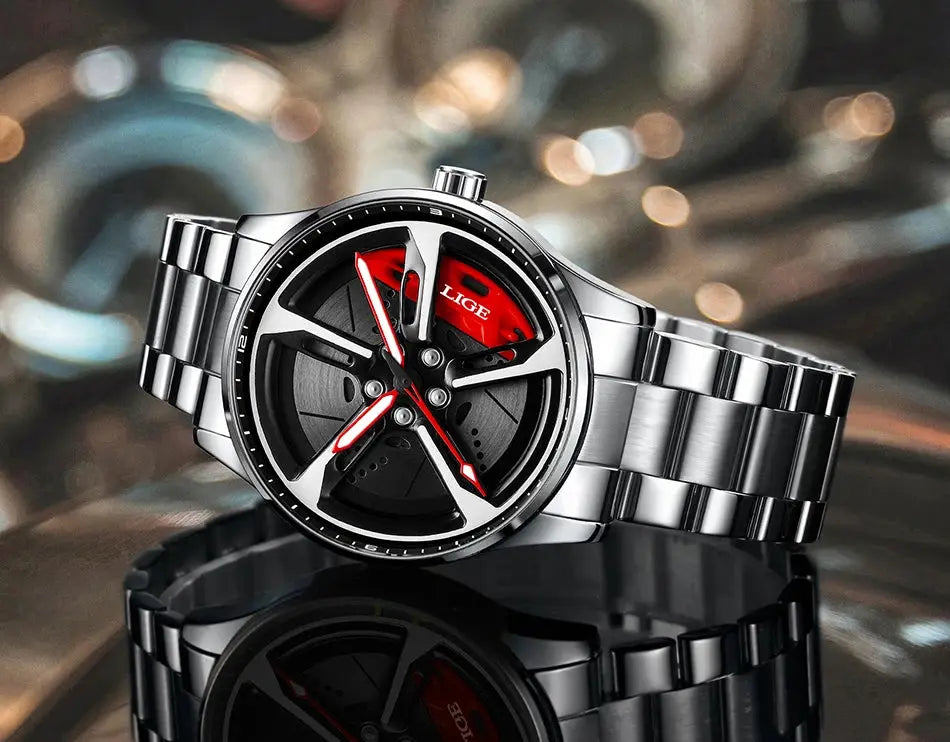 LIGE sport watch with 3D car wheel rim dial, stainless steel strap, waterproof quartz