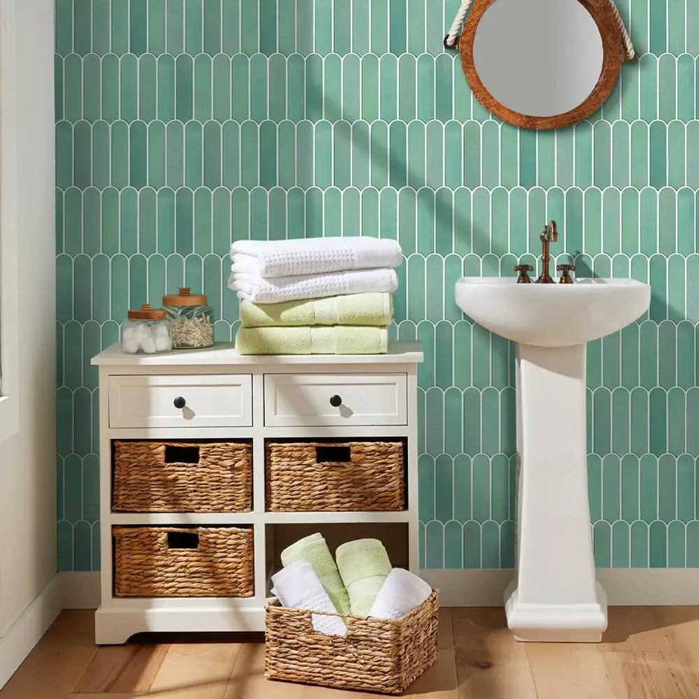 Simples Market 3D fish-scale tile sticker, green self-adhesive backsplash tile for kitchen/bathroom, 30x30cm