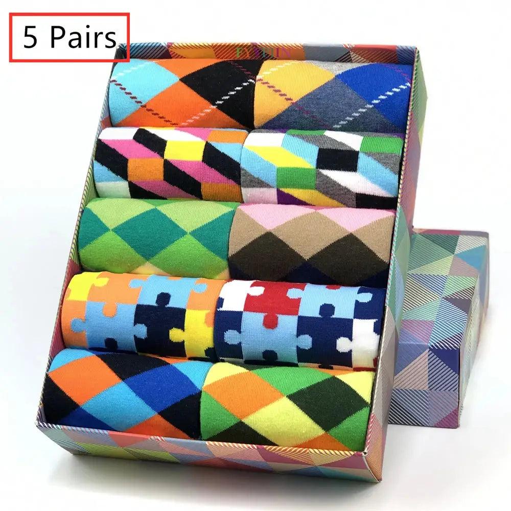 5 Pack Novelty Men's Cotton Crew Socks With Colorful Pattern Funny Happy Fashion Dress Socks