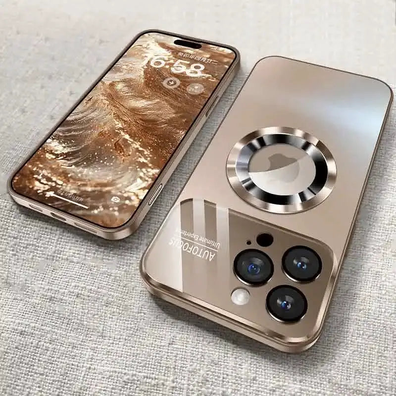 Simples Market luxury glass MagSafe camera case in rose gold for iPhone; two items shown side by side