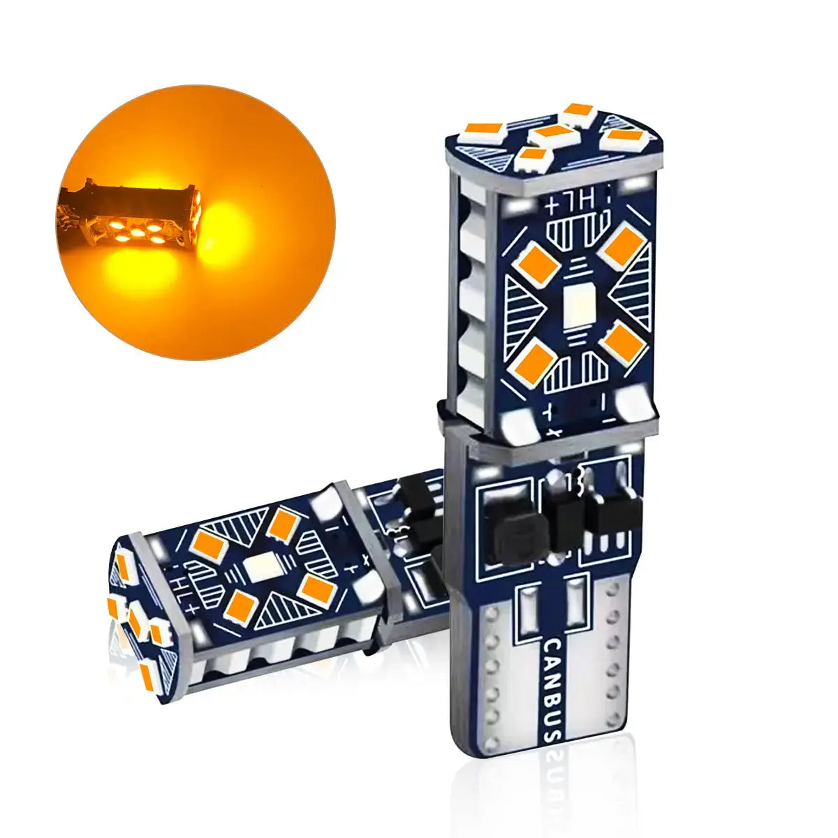 2-pack T10 W5W LED bulbs with blue PCB and orange SMD chips for 12V car signal and fog lights