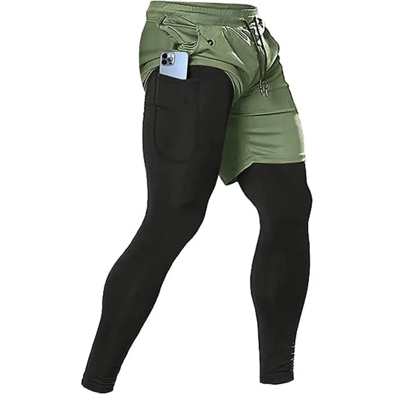 Men's 2-in-1 sport pants with olive shorts over black leggings, Simples Market
