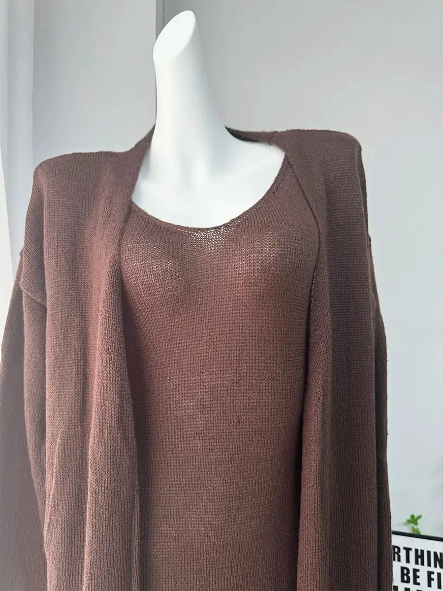 Three Piece Women Cardigan Vest Dress Set With Long Sleeve Outfit