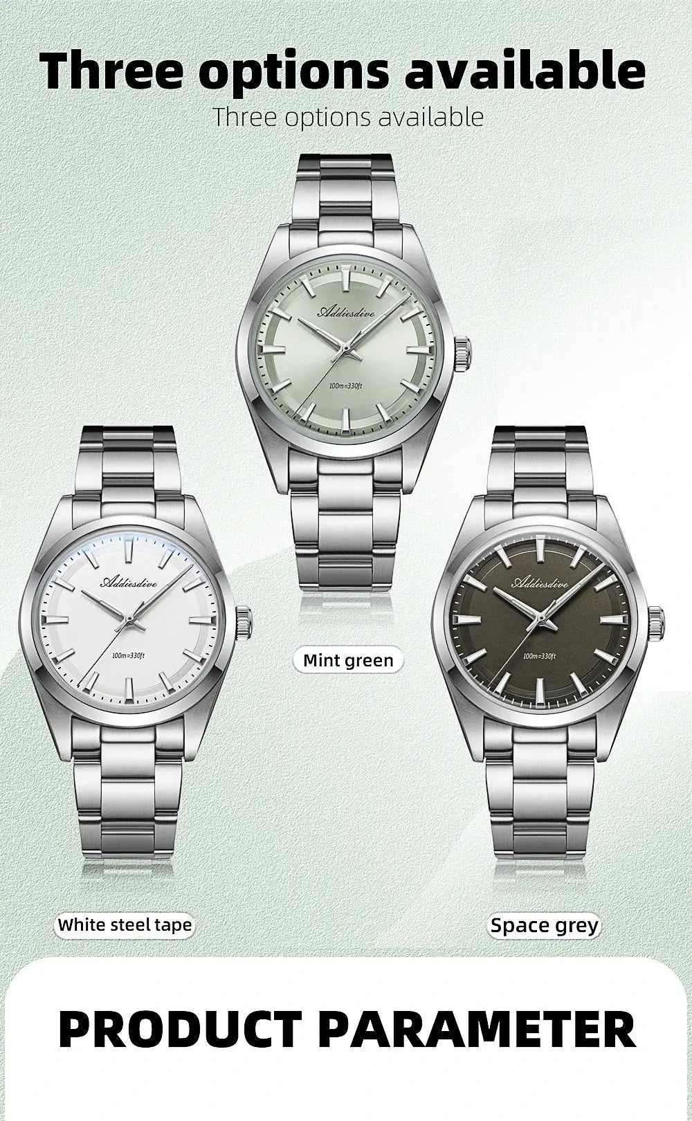 ADDIESDIVE 36mm AD2066 men's watch with stainless steel bracelet in mint green, white steel, space grey