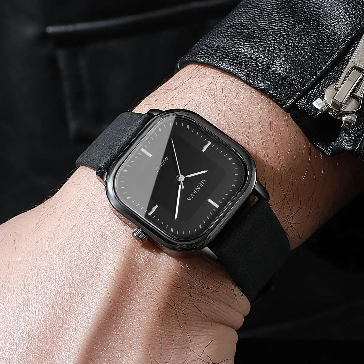 Geneva square-dial men's quartz watch with black leather strap