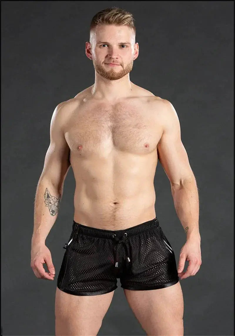 Simples Market men's black mesh grid gym shorts, quick-dry breathable with drawstring